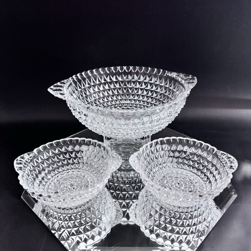 Vintage Imperial Glass 3pc Serving‎ Bowl Set W Handles Diamond Pattern